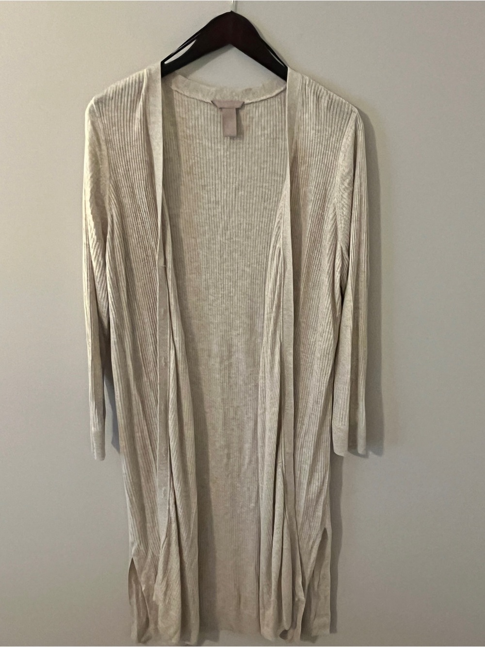 H&M Light Cream Ribbed Open-Front Long Cardigan Duster